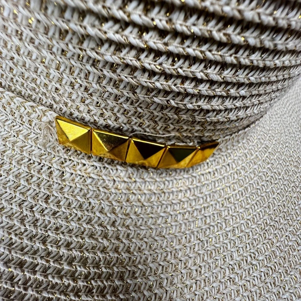 Womens Hat Wide Brim Gold White APT9 Decorative Band Sun‎ Beach Vacation Party
